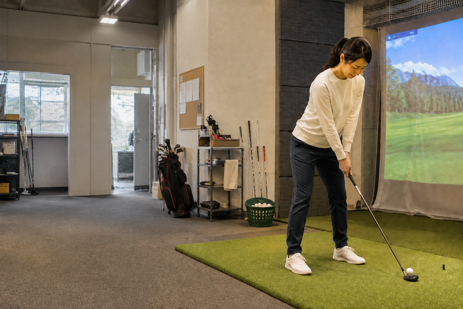 親しみやすい店内で、一人で自分のペースで練習する女性（プロトタイプ用生成画像）